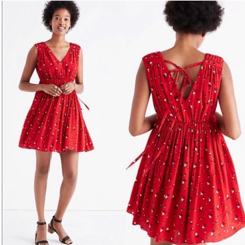 Madewell Magnolia XS Tie-back Floral Summer Dress Red